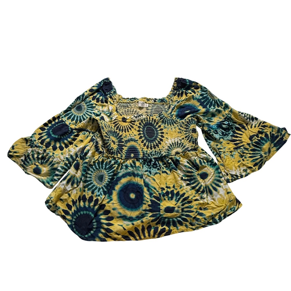 Terra & Sky Peplum Blouse Womens 0X Yellow Tie Dye Smocked Bell Sleeve Boho Top